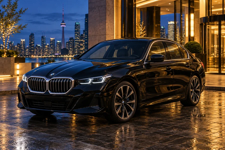 Black BMW 5 Series outside a luxury hotel at blue hour