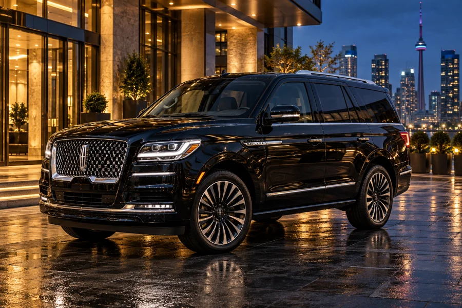 Black Lincoln Navigator outside a luxury hotel at blue hour