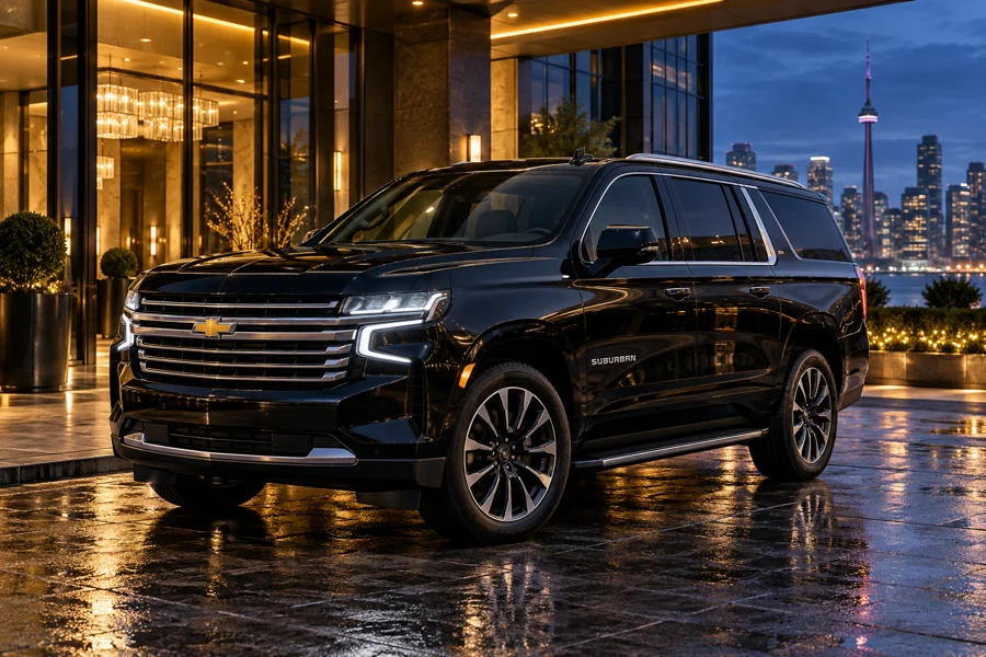 Black Chevrolet Suburban outside a luxury hotel at blue hour