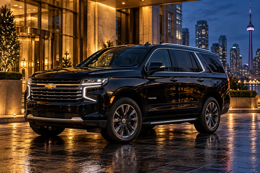Black Chevrolet Tahoe outside a luxury hotel at blue hour