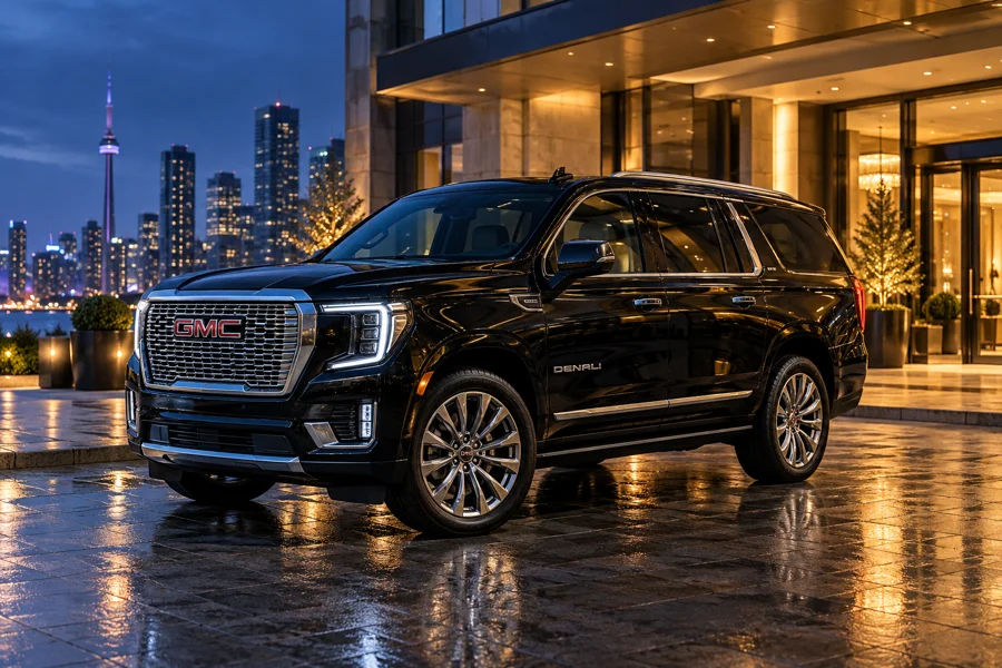 Black GMC Yukon outside a luxury hotel at blue hour