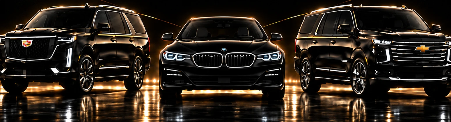 Black Cadillac Escalade, BMW sedan and Chevrolet Suburban in a gold-lit studio