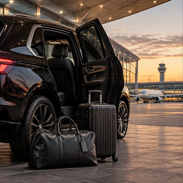 Airport luggage beside a black SUV