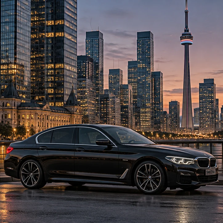 BMW sedan with Toronto skyline
