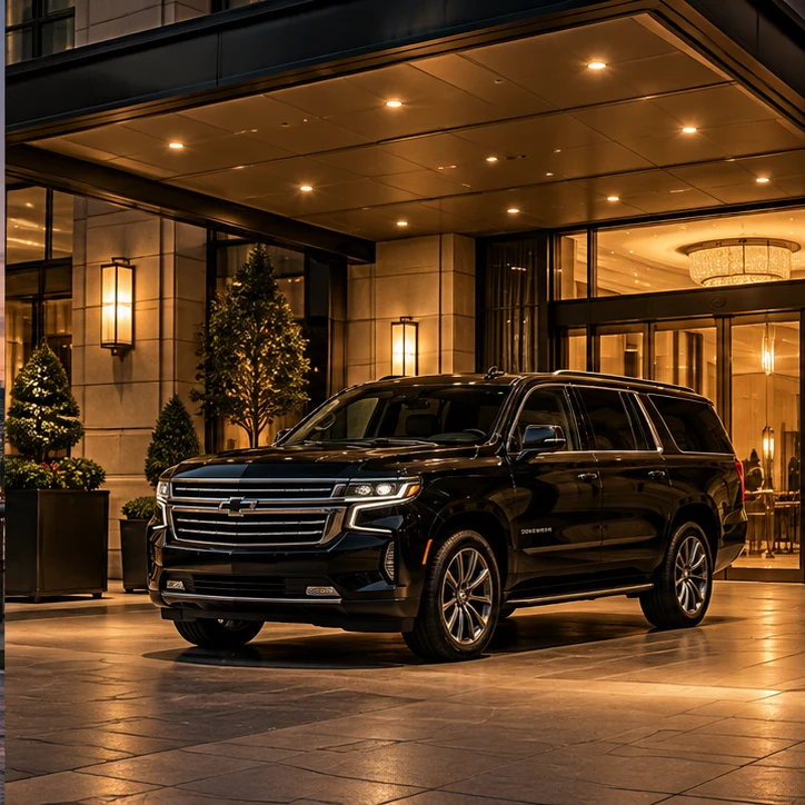 Black Suburban at an evening hotel arrival