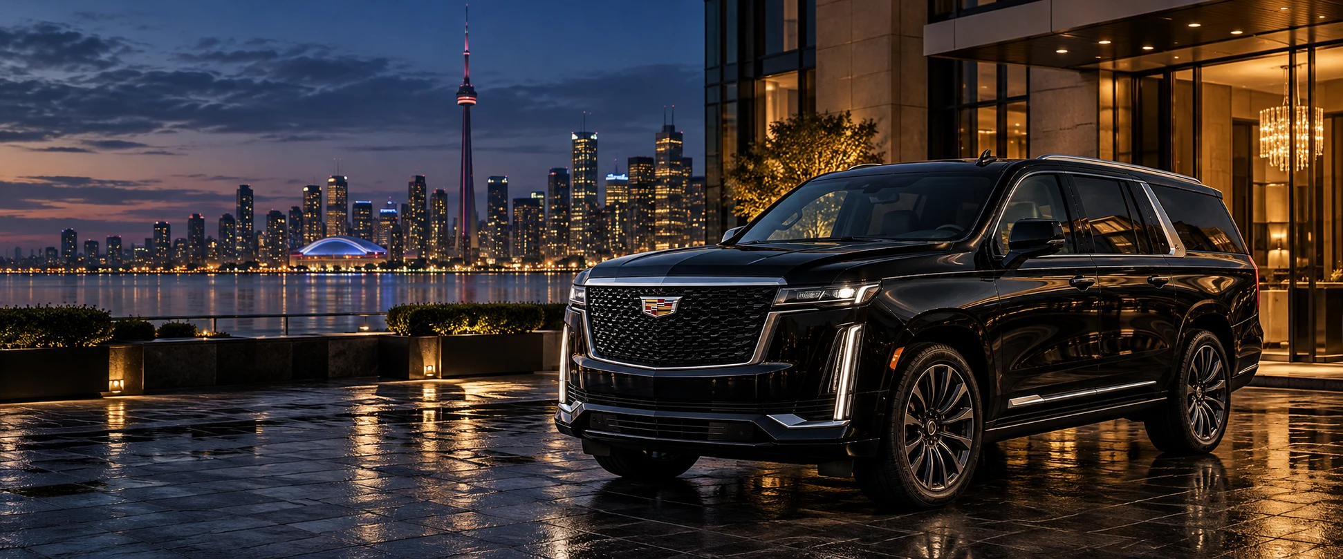 Black Cadillac Escalade outside a luxury hotel at blue hour